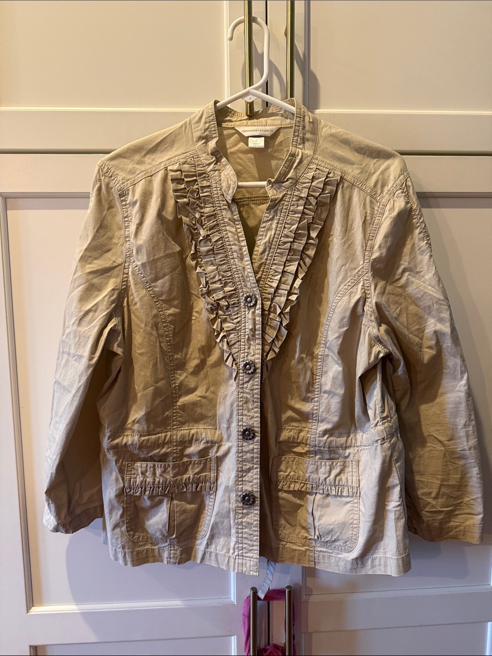 Womens Ruffle Front Lightweight Jacket - Beige large cotton